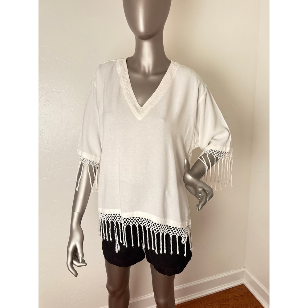 DAIRI MOROCCO Fringe White V-neck  Pullover Cotton Tunic‎ Top